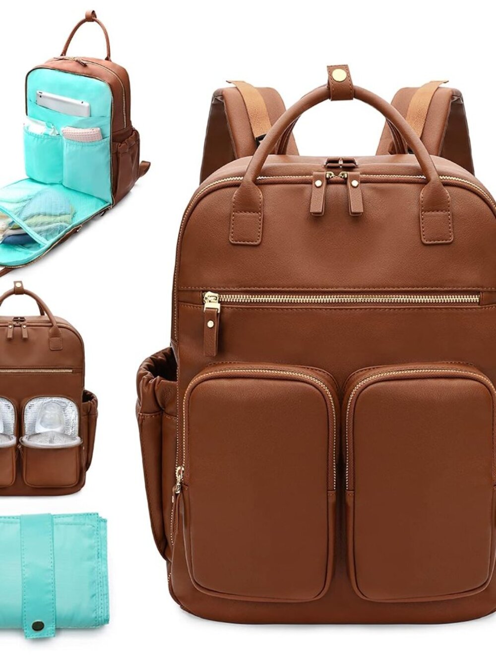 Diaper Bag Backpack, Leather Baby Bag with 18 Pockets, Diaper Backpack for Women